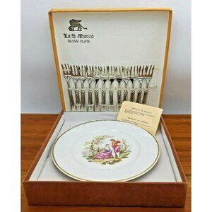 La San Marco 12 Dessert Forks & Serving Plate Silver Plated Cutlery Set Italy